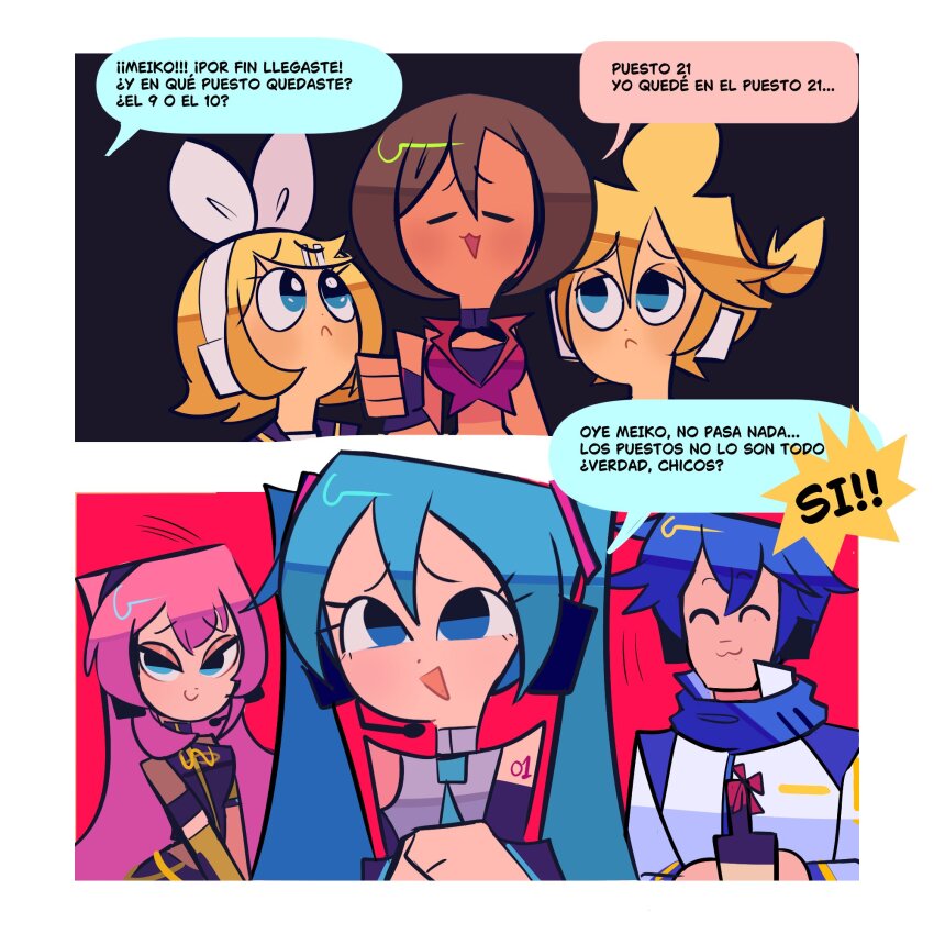 2boys 2koma 4girls :3 =_= aqua_eyes aqua_hair aqua_necktie arm_tattoo bare_shoulders black_background black_dress black_gloves black_sailor_collar blonde_hair blue_eyes blue_hair blue_scarf border bottle breasts brown_hair closed_eyes closed_mouth comic crop_top detached_sleeves dot_nose dress fingerless_gloves gloves grey_shirt hair_ribbon hatsune_miku headphones holding holding_bottle jacket kagamine_len kagamine_rin kaito_(vocaloid) large_breasts long_hair looking_at_another megurine_luka meiko_(vocaloid) mob_face multiple_boys multiple_girls necktie number_tattoo open_mouth own_hands_together pink_hair pleading_eyes ponytail rainelyn00 red_background red_jacket ribbon sailor_collar scarf shirt short_hair short_ponytail spanish_text speech_bubble tattoo thumbs_up toon_(style) translation_request triangle_mouth vocaloid white_border white_jacket white_ribbon