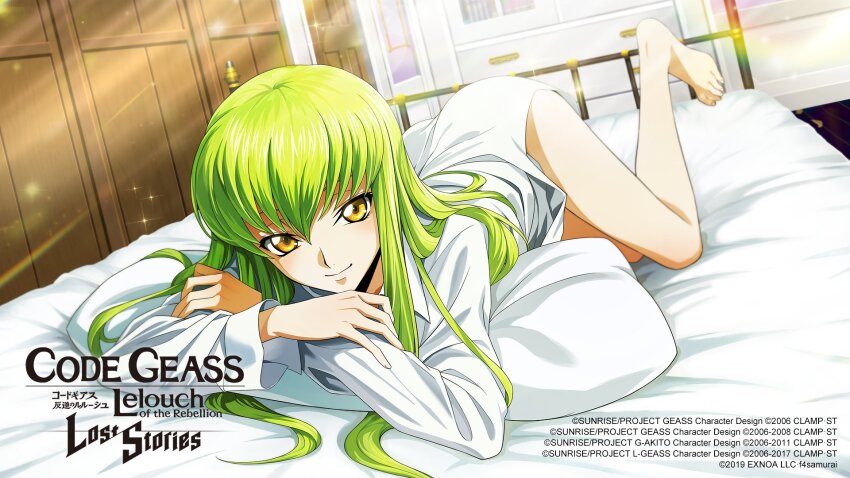 1girl ass bare_legs barefoot bed blunt_bangs bottomless c.c. closed_mouth code_geass code_geass:_lost_stories commentary commentary_request copyright_name crossed_arms english_commentary f4samurai full_body green_hair hair_between_eyes highres indoors long_hair long_sleeves looking_at_viewer lying naked_shirt official_art on_bed on_stomach shirt smile solo sparkle straight_hair sunlight very_long_hair white_shirt wooden_floor yellow_eyes