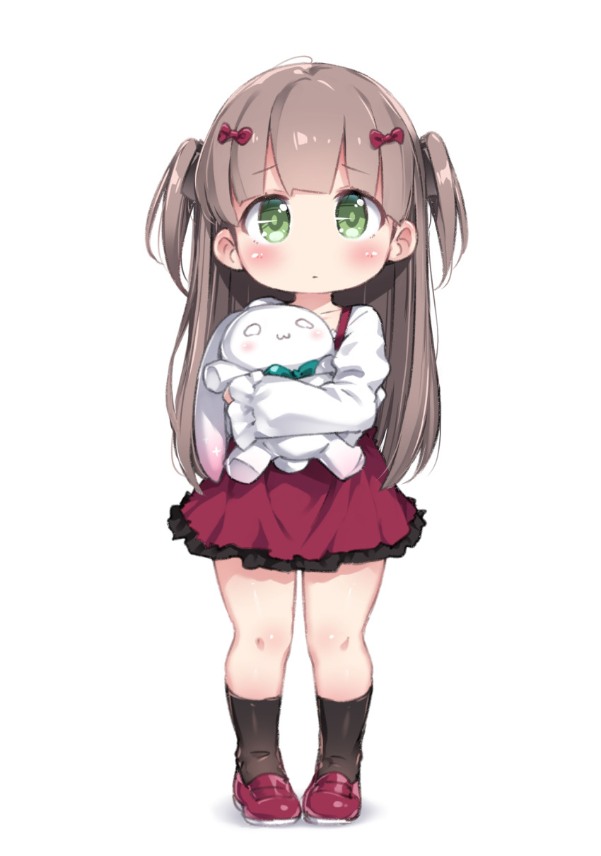1girl black_socks blunt_bangs blush brown_hair brown_ribbon closed_mouth commentary dot_mouth full_body green_eyes highres holding holding_stuffed_toy knee_blush kneehighs loafers long_hair long_sleeves looking_at_viewer original puffy_long_sleeves puffy_sleeves red_ribbon red_shoes red_skirt ribbon shadow shirt shoes short_sleeves simple_background skirt socks solo standing straight-on stuffed_animal stuffed_toy suspender_skirt suspenders symbol-only_commentary tachi-e tamase_tama tareme two_side_up white_background white_shirt
