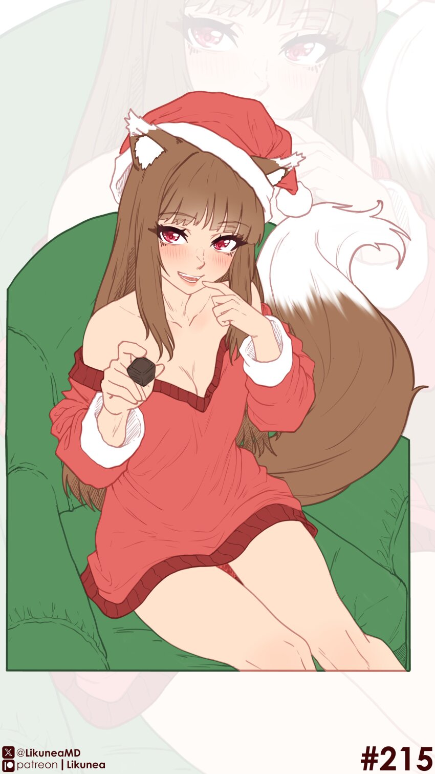 1girl absurdres animal_ears armchair bare_shoulders blush breasts brown_hair chair chocolate cleavage commentary dress english_commentary fang food hat highres holding holding_chocolate holding_food holo likunea long_hair looking_at_viewer medium_breasts on_chair patreon_logo patreon_username red_dress red_eyes santa_hat sidelocks simple_background sitting smile solo spice_and_wolf tail twitter_username twitter_x_logo wolf_ears wolf_girl wolf_tail zoom_layer