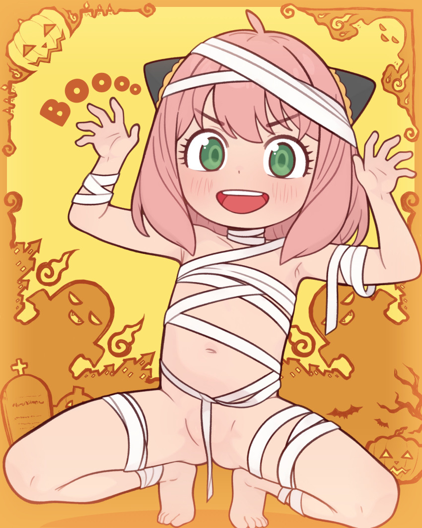 1girl anya_(spy_x_family) arms_up bandaged_head bandages casytay flat_chest green_eyes hairpods halloween highres loli looking_at_viewer medium_hair naked_bandage navel open_mouth pink_hair solo spread_legs spy_x_family squatting teeth tiptoes upper_teeth_only v-shaped_eyebrows