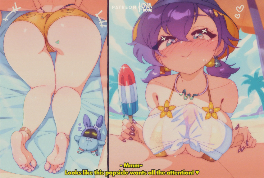 1boy 1girl animated animated_gif ass ass_shake bare_legs belle_(summer_skies)_(zenless_zone_zero) belle_(zenless_zone_zero) bikini bluethebone bouncing_breasts breasts bucket_hat cameltoe commentary covered_erect_nipples covered_penis english_commentary english_text eous_(zenless_zone_zero) feet food hat hetero highres holding holding_food holding_popsicle huge_ass looping_animation official_alternate_costume paid_reward_available paizuri paizuri_under_clothes penis phaethon_(zenless_zone_zero) popsicle pov pov_crotch smile swimsuit thigh_gap twintails wide_hips zenless_zone_zero