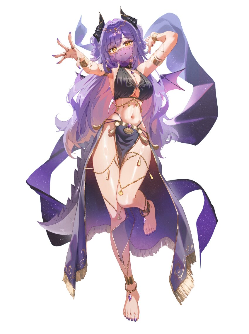 1girl absurdres anklet armlet armpits bare_shoulders barefoot black_horns blush breasts chain chain_around_leg circlet cleavage closed_mouth commentary_request domi_(hongsung0819) dragon_girl dragon_horns dragon_tail dragon_wings gem gold_chain hair_intakes hair_ornament harem_outfit highres horns jewelry large_breasts long_hair looking_at_viewer mouth_veil nail_polish navel outstretched_arm pelvic_curtain pointy_ears purple_gem purple_hair purple_nails reaching reaching_towards_viewer revealing_clothes sakihane_huya simple_background slit_pupils smile solo stellive stomach tail toenail_polish toenails toes two_side_up veil very_long_hair virtual_youtuber white_background wings yellow_eyes