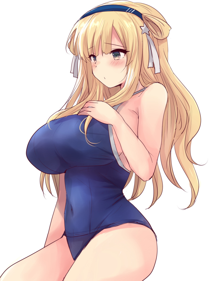 1girl absurdres alternate_costume alternate_eye_color blonde_hair blue_one-piece_swimsuit blush breasts collarbone commentary_request covered_navel double_bun fletcher_(kancolle) fletcher_kai_(kancolle) grey_background hair_bun hair_ornament hairband hand_on_own_chest highres hirune_(konekonelkk) kantai_collection large_breasts long_hair looking_at_viewer one-piece_swimsuit school_swimsuit sitting solo star_(symbol) star_hair_ornament swimsuit yellow_eyes