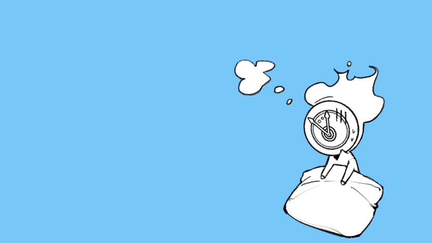 1other blanket blue_background chibi chibi_only clock commentary dante_(limbus_company) dated_commentary fire flaming_head gloom_(expression) greyscale_with_colored_background highres ivy_(675671) limbus_company mephistopheles_(project_moon) object_head project_moon simple_background speech_bubble sweat symbol-only_commentary thought_bubble waking_up