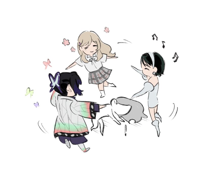 4girls alien_stage artist_self-insert ashigaya_high_school_uniform atheko beamed_eighth_notes beamed_sixteenth_notes black_hair brown_hair butterfly_hair_ornament closed_eyes commentary crossover dress earrings grey_skirt hair_ornament hairband haori highres japanese_clothes jewelry kimetsu_no_yaiba kochou_shinobu long_hair long_sleeves motion_lines multicolored_hair multiple_crossover multiple_girls musical_note plaid_clothes plaid_skirt purple_hair school_uniform sena_ajisai shirt shoes short_hair skirt smile sua_(alien_stage) two-tone_hair watashi_ga_koibito_ni_nareru_wake_naijan_murimuri! white_dress white_hairband white_shirt white_shoes