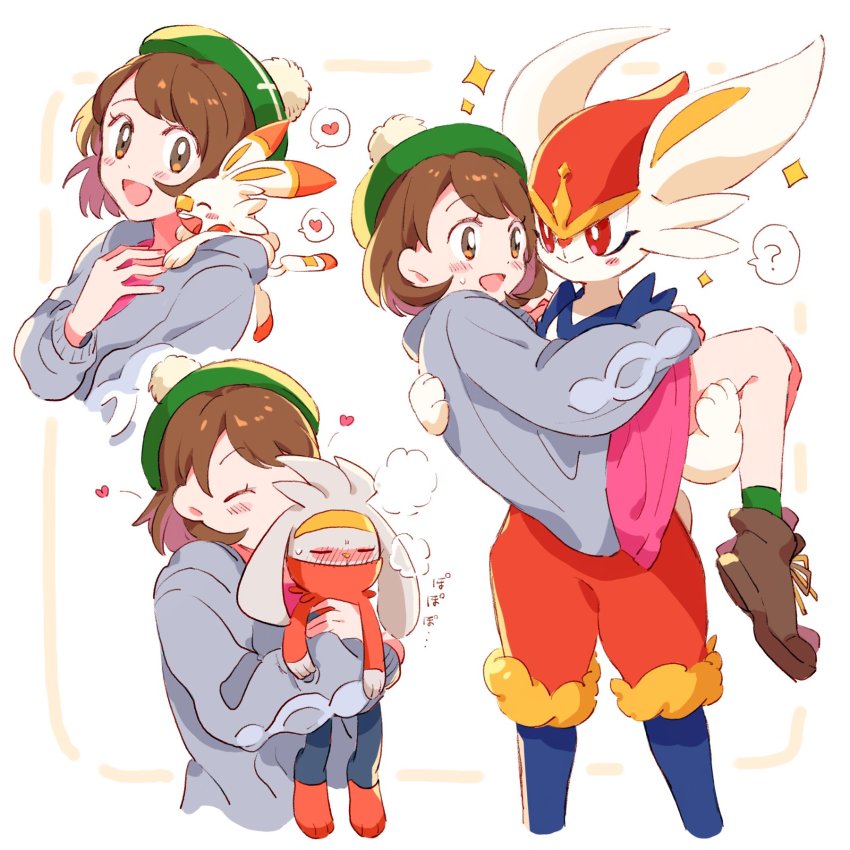 1girl ? blush bob_cut boots brown_eyes brown_footwear brown_hair cardigan cinderace closed_eyes commentary_request dress evolutionary_line gen_8_pokemon gloria_(pokemon) green_headwear green_legwear grey_cardigan hat heart highres holding holding_pokemon hood hooded_cardigan koeda_(k83_4) multiple_views nintendo on_shoulder open_mouth pink_dress pokemon pokemon_(creature) pokemon_on_shoulder pokemon_swsh raboot scorbunny short_hair smile socks spoken_heart spoken_question_mark tam_o'_shanter tongue