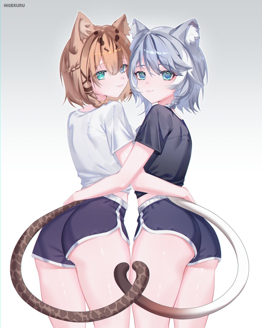 2girls absurdres alternate_costume animal_ears artist_name ass black_shirt blue_eyes brown_hair cat_ears cat_girl cat_tail cipher_(honkai:_star_rail) commentary dolphin_shorts english_commentary from_behind green_eyes grey_background grey_hair heterochromia higekuru highres honkai:_star_rail honkai_(series) honkai_impact_3rd hug multiple_girls pardofelis shirt short_hair shorts simple_background smile tail thighs white_shirt