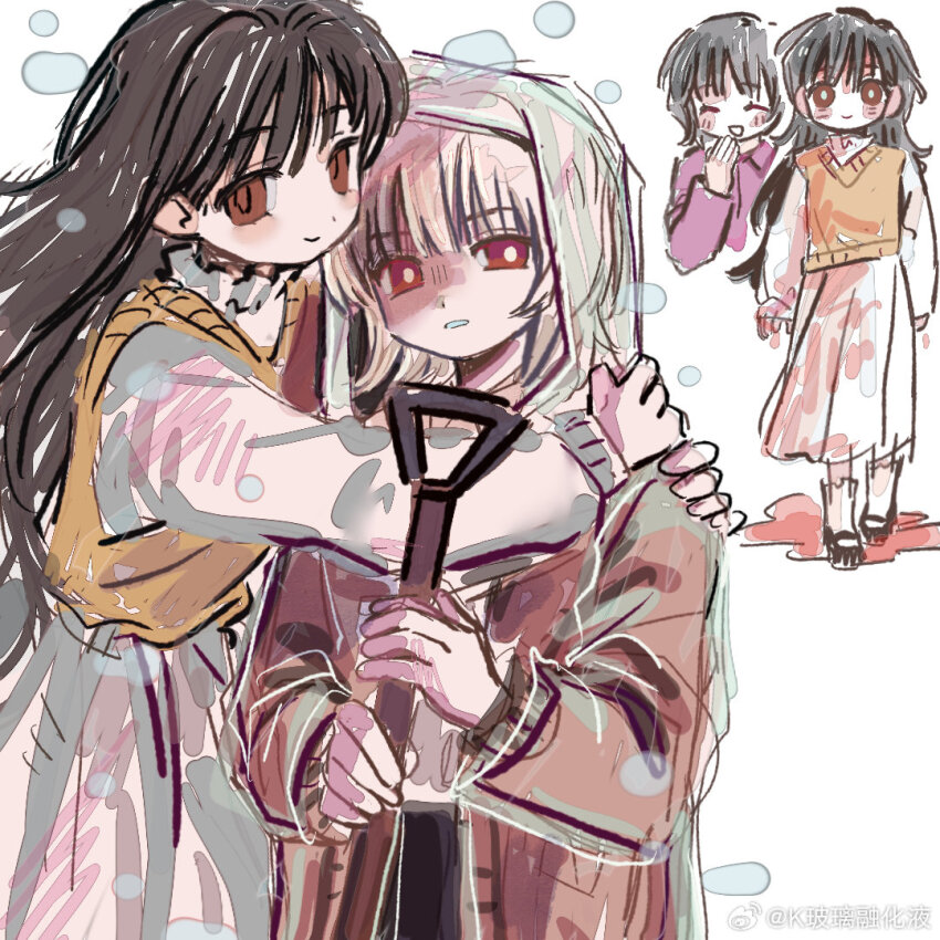 black_shoes brother_and_sister brown_eyes brown_hair collar commentary_request dress frilled_collar frilled_socks frills holding holding_shovel hug long_dress looking_at_viewer mary_janes raincoat saihate_eki see-through_clothes see-through_raincoat shoes shovel siblings simple_background smile socks sweater_vest tatsunami_shion tenjiku_aoi twins white_background white_dress white_hair white_socks yellow_sweater_vest yingtao_zi_liaoli