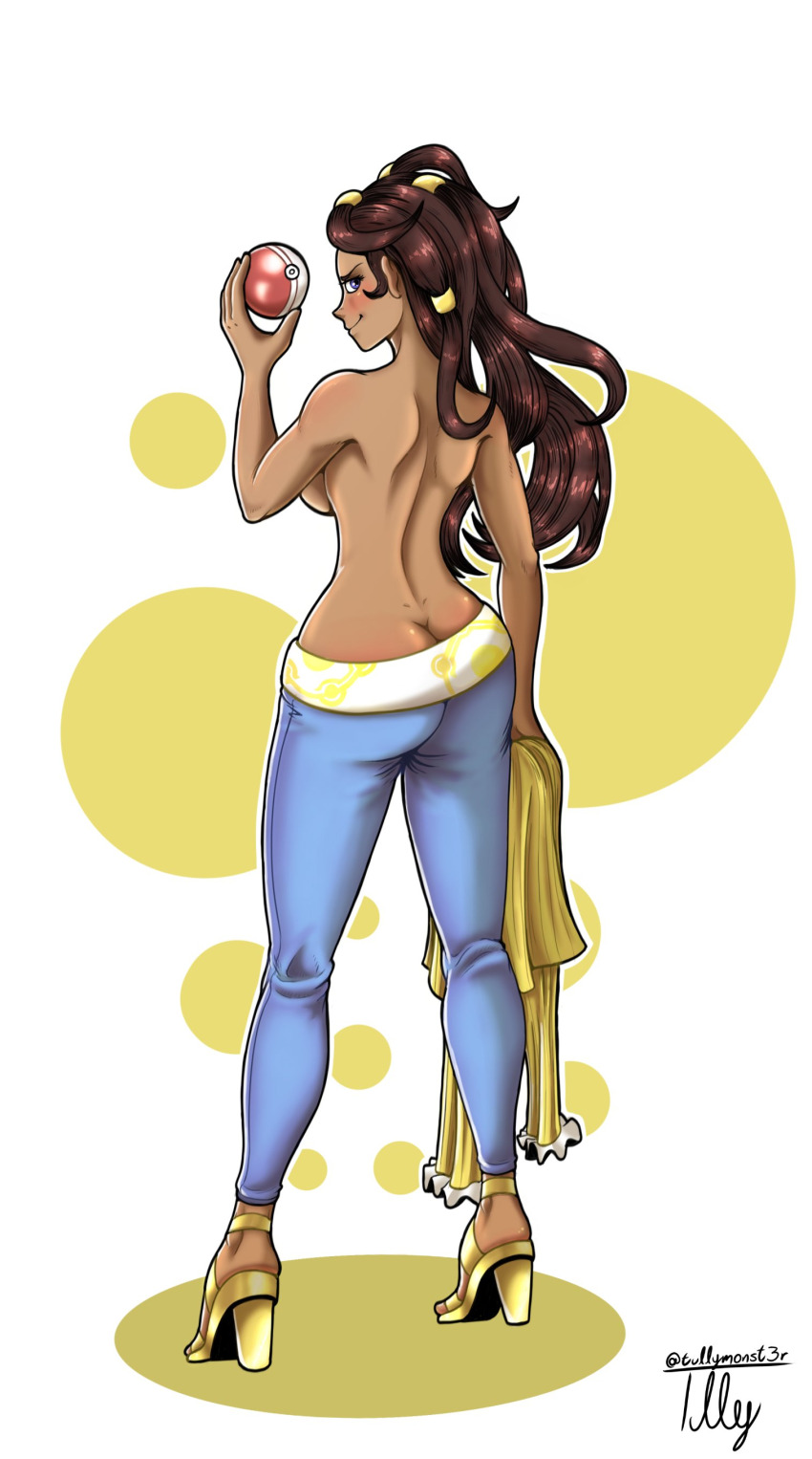 1girl absurdres artist_name ass belt black_hair blue_hair blush breasts butt_crack circle_print dahlia_(pokemon) dark-skinned_female dark_skin denim frilled_shirt frilled_sleeves frills from_behind hair_ornament high_heels highres jeans long_hair looking_back nintendo pants poke_ball poke_ball_(basic) pokemon pokemon_dppt pokemon_platinum ribbed_shirt seductive_smile shirt sideboob smile topless_female tullymonst3r two-tone_background unworn_shirt white_background yellow_background