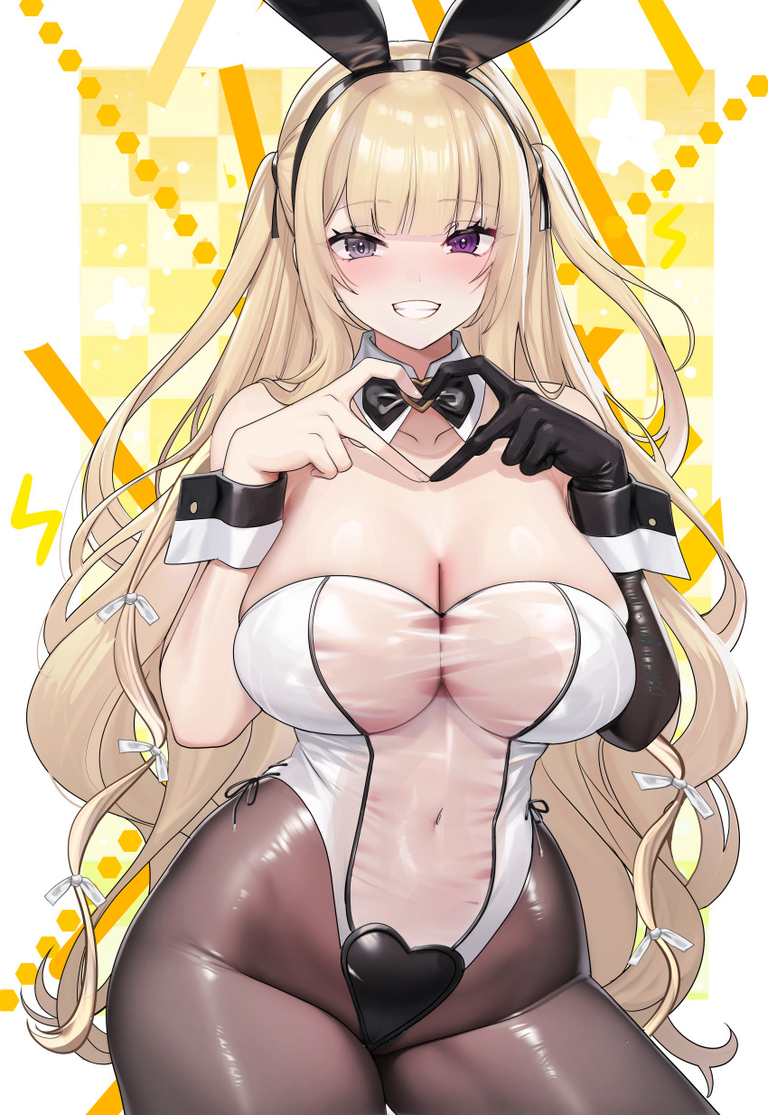 1girl absurdres animal_ears bad_source bare_shoulders blonde_hair breasts brown_dust_(series) brown_dust_2 cleavage detached_collar eleaneer_(brown_dust_2) fake_animal_ears heart heart_hands heart_pasties highres large_breasts leotard long_hair looking_at_viewer official_art pantyhose pasties purple_eyes rabbit_ears see-through_clothes see-through_leotard smile solo strapless strapless_leotard two_side_up wrist_cuffs