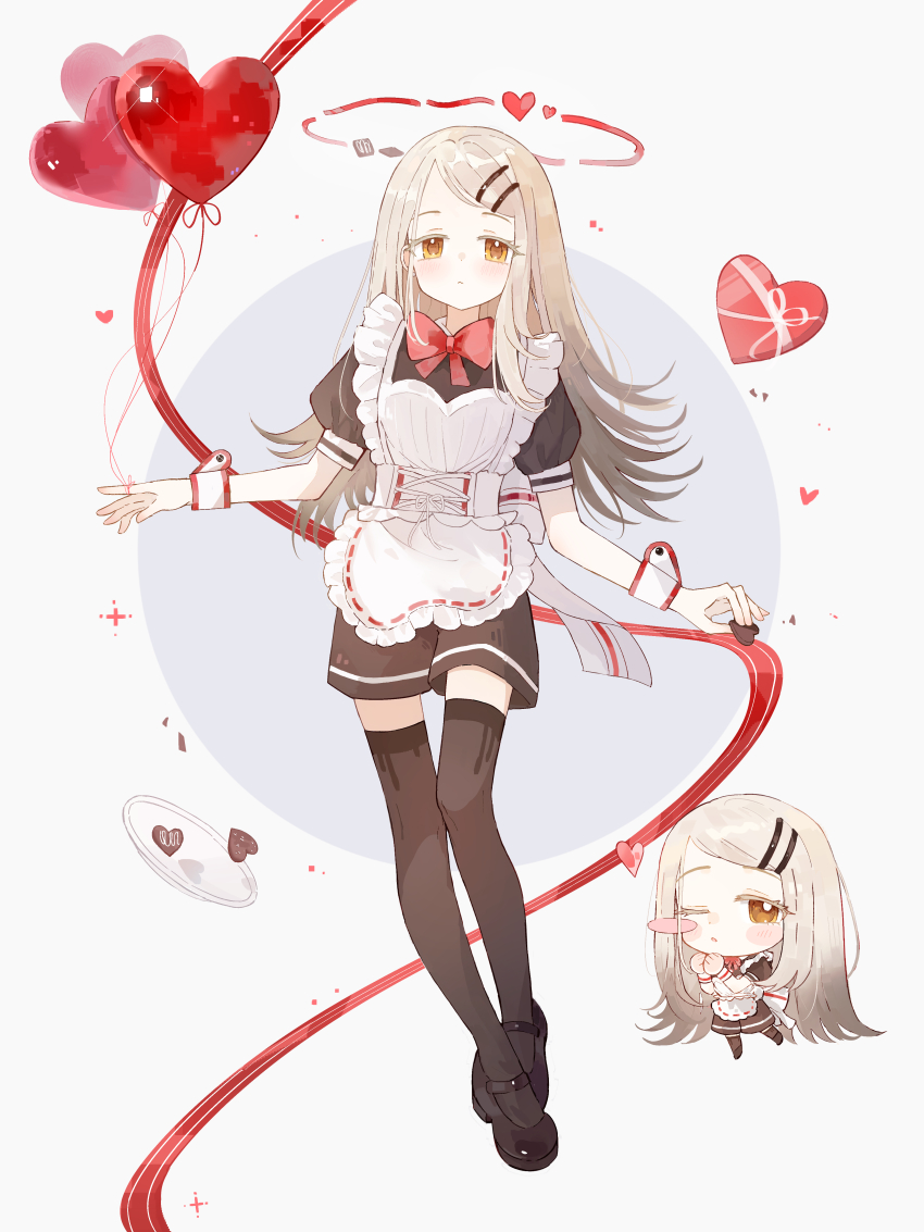1girl :< absurdres apron balloon black_shirt black_shoes black_shorts black_thighhighs blonde_hair blush_stickers bow bowtie box box_of_chocolates candy chibi chibi_inset chocolate chocolate_heart closed_mouth commentary_request corset flipped_hair food frilled_apron frills full_body gakuen_idolmaster gradient_hair grey_hair hair_ornament hairclip happy_mille-feuille_(idolmaster) heart heart-shaped_box heart-shaped_food heart_apron heart_balloon highres holding holding_chocolate holding_food idolmaster long_hair looking_at_viewer maid maid_apron mary_janes multicolored_hair multiple_views official_alternate_costume one_eye_closed parallel_hairclips parted_lips puffy_short_sleeves puffy_sleeves red_bow red_bowtie shinosawa_hiro shirt shoes short_sleeves shorts string string_of_fate thighhighs valentine white_apron white_corset white_wrist_cuffs wrist_cuffs yuuneka