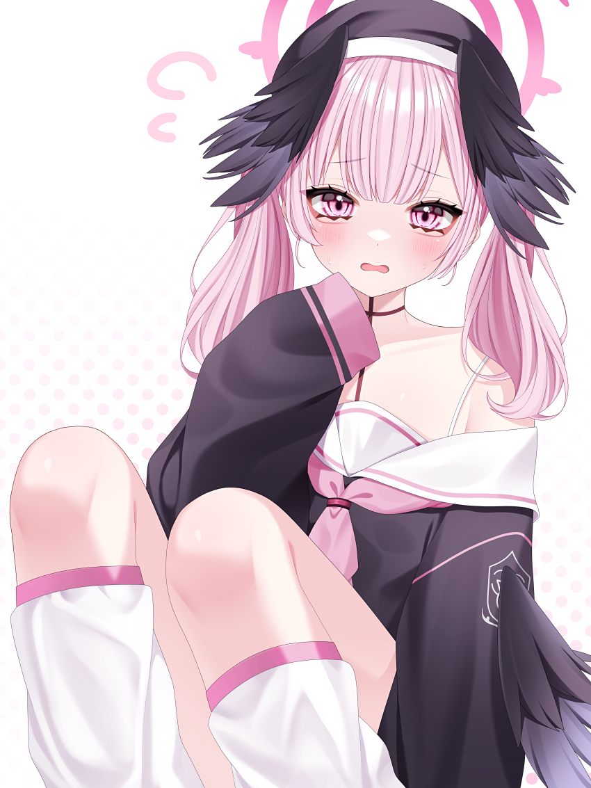 1girl absurdres ben-day_dots beret black_cardigan black_hat black_wings blue_archive cardigan commentary_request feathered_wings feet_out_of_frame furrowed_brow hand_up hat head_wings highres koharu_(blue_archive) legs_up long_sleeves looking_at_viewer loose_socks medium_hair multiple_wings neckerchief open_mouth pasties peanut_mouth pink_eyes pink_hair pink_neckerchief sailor_collar screentones single_off_shoulder sitting socks twintails wanko_(yurika0320) white_background white_sailor_collar white_socks wings