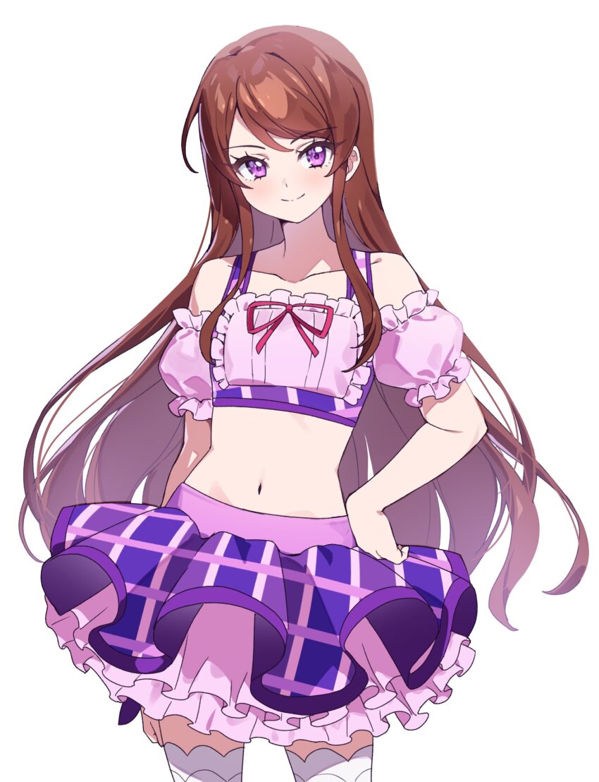 1girl aikatsu! aikatsu!_(series) arm_at_side bad_tag bare_shoulders brown_hair commentary_request cowboy_shot cropped_shirt detached_sleeves dolldolldd frilled_shirt frilled_skirt frilled_sleeves frills hand_on_own_hip highres idol idol_clothes korean_commentary layered_skirt light_blush long_hair looking_at_viewer midriff navel pink_shirt pink_skirt pink_sleeves plaid_clothes plaid_skirt puffy_short_sleeves puffy_sleeves purple_eyes purple_skirt shibuki_ran shirt short_sleeves skirt sleeveless sleeveless_shirt smile solo standing straight-on straight_hair thighhighs two-tone_skirt white_background white_thighhighs