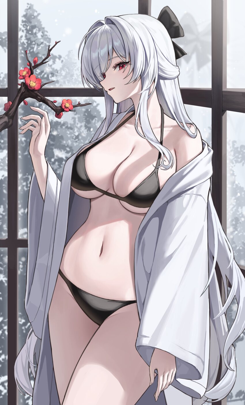 1girl absurdly_long_hair absurdres bikini black_bikini branch breasts cinderella_(nikke) cleavage coat collarbone commentary_request goddess_of_victory:_nikke highres indoors large_breasts long_hair navel neil_(neil_nim) red_eyes solo stomach swimsuit thighs very_long_hair white_coat