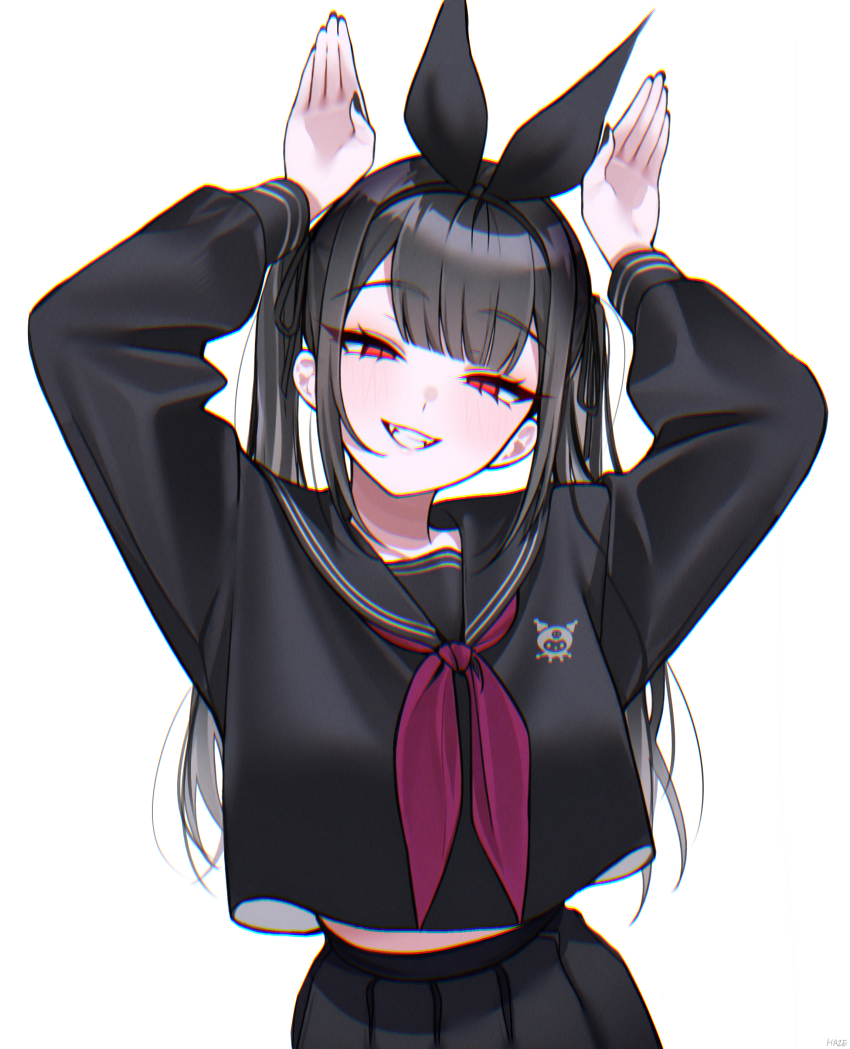 1girl :d absurdres arm_up arms_up bad_tag black_hair black_hairband black_nails black_ribbon black_sailor_collar black_shirt black_skirt blush chromatic_aberration commentary_request cowboy_shot grin hair_ribbon hairband haze_(7h4ze) highres long_hair long_sleeves looking_at_viewer midriff_peek mixed-language_commentary nail_polish open_mouth original pleated_skirt rabbit_pose red_eyes ribbon sailor_collar shirt simple_background skirt smile solo tsurime twintails white_background
