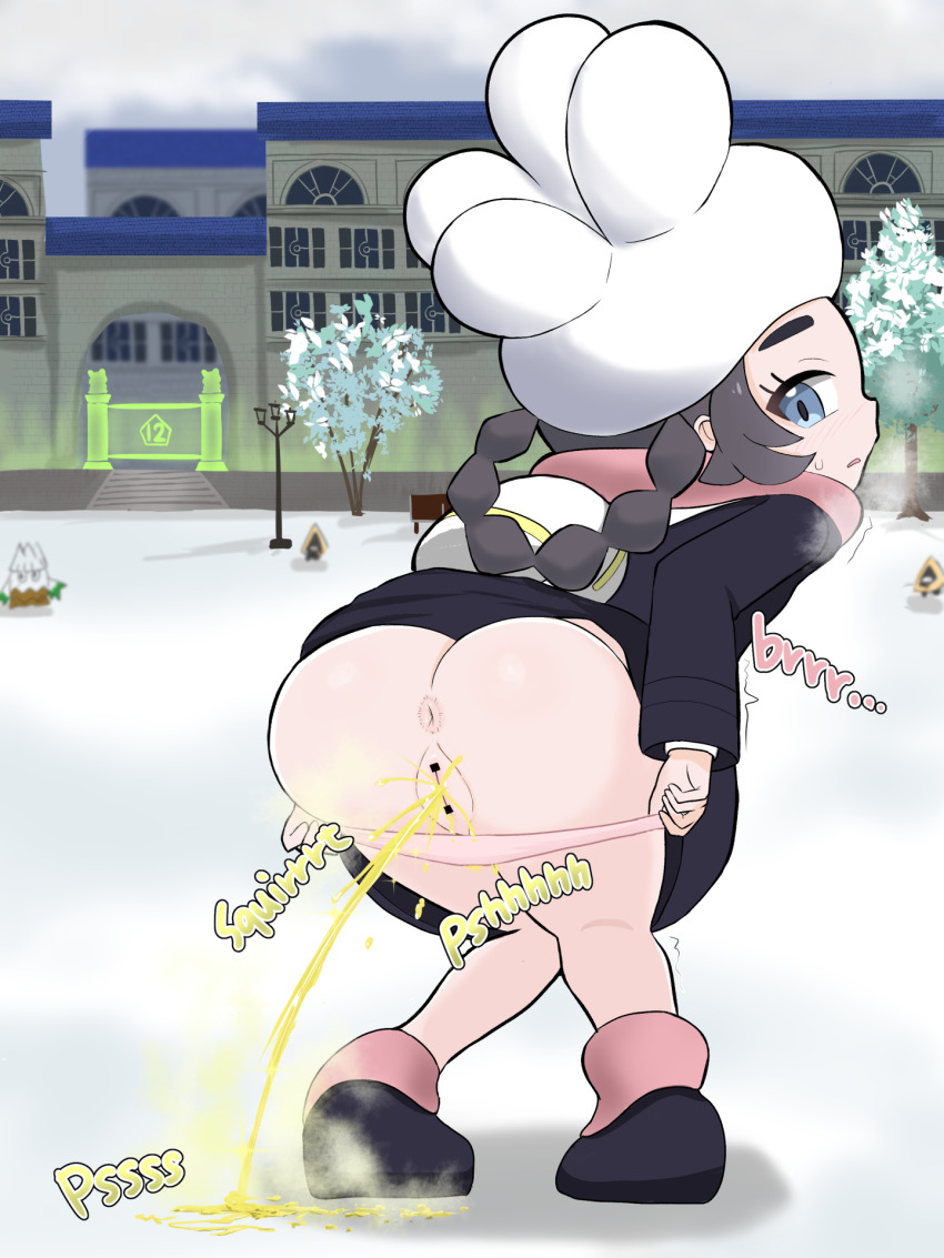 1girl ansha_(pokemon) anus ass bar_censor blue_eyes blush censored clothing_aside female_focus gen_3_pokemon gen_4_pokemon grey_hair hat highres loli nintendo open_mouth outdoors panties panties_aside pee peeing pokemon pokemon_(creature) pokemon_legends:_z-a pussy simesaba snorunt snover snow solo sound_effects standing sweatdrop tree trembling underwear white_hat