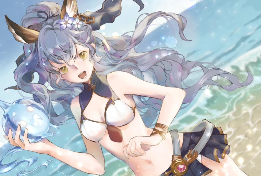 1girl animal_ears bare_arms bare_shoulders belt bikini bikini_under_skirt black_collar black_skirt blue_flower blue_sky breasts chinese_commentary cleavage cloud collar commentary cowboy_shot creature day detached_collar dot_nose dutch_angle erune extra_ears eyelashes ferry_(granblue_fantasy) ferry_(summer)_(granblue_fantasy) floating_hair flower granblue_fantasy grey_belt grey_hair grey_ribbon hair_between_eyes hair_flower hair_ornament hair_ribbon happy high_collar high_ponytail highres holding holding_creature light_particles long_hair microskirt momo_(granblue_fantasy) navel ocean official_alternate_costume open_mouth outdoors pleated_skirt ponytail ribbon shore skirt sky small_breasts smile solo standing stomach superchickentt swimsuit teeth very_long_hair wavy_hair white_bikini wind wristband yellow_eyes