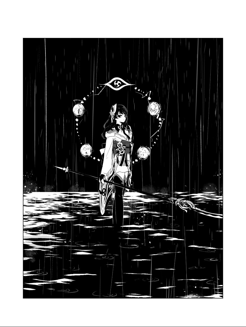 1girl absurdres armor back_bow border bow braid breasts closed_mouth commentary_request cowboy_shot electricity empty_eyes fan_hair_ornament fingerless_gloves flower gem genshin_impact gloves hair_flower hair_ornament hand_fan headpiece highres holding holding_sword holding_weapon japanese_clothes katana kimono long_hair long_sleeves looking_at_viewer low-braided_long_hair low-tied_long_hair mandarin_collar medium_breasts mitsudomoe_(shape) monochrome musou_isshin_(genshin_impact) neck_ribbon night obijime off_shoulder outdoors raiden_shogun rain ribbon sash shoulder_armor single_braid single_sidelock sky solo standing supervespa99 sword tassel thighhighs tomoe_(symbol) vision_(genshin_impact) weapon wide_sleeves