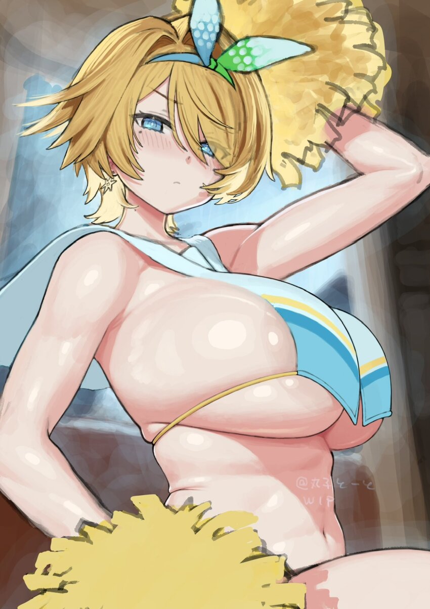 1girl arm_up blue_eyes blush bow_hairband breasts cheerleader closed_mouth earrings girls&#039;_frontline girls&#039;_frontline_2:_exilium hairband highres holding holding_pom_poms huge_breasts jewelry maruko_tooto mole mole_under_eye navel nikketa_(girls&#039;_frontline_2) pom_pom_(cheerleading) pom_poms sideboob sitting snowflake_earrings solo two-tone_hairband unfinished vsk-94_(dance_like_the_blazing_sun)_(girls&#039;_frontline) vsk-94_(girls&#039;_frontline)