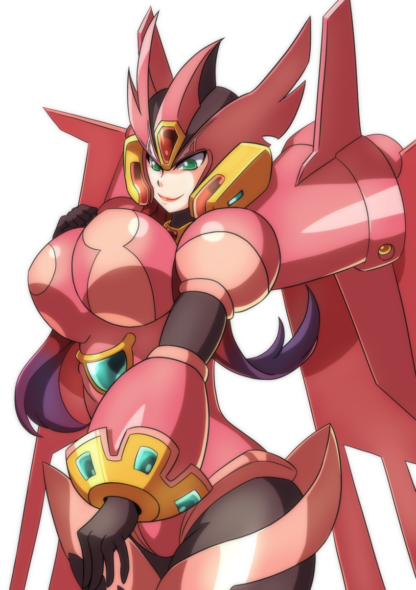 1girl 2025 android armor black_bodysuit black_gloves bodysuit breasts capcom commentary cowboy_shot female_focus ferham_(mega_man) forehead_jewel gloves gradient_hair green_eyes helmet highres kotatuman_dash large_breasts long_hair mechanical_wings mega_man_(series) mega_man_x:_command_mission mega_man_x_(series) mega_man_x_dive multicolored_hair pink_armor pink_hair pink_helmet pink_lips purple_hair smile solo thick_thighs thighs winged_helmet wings