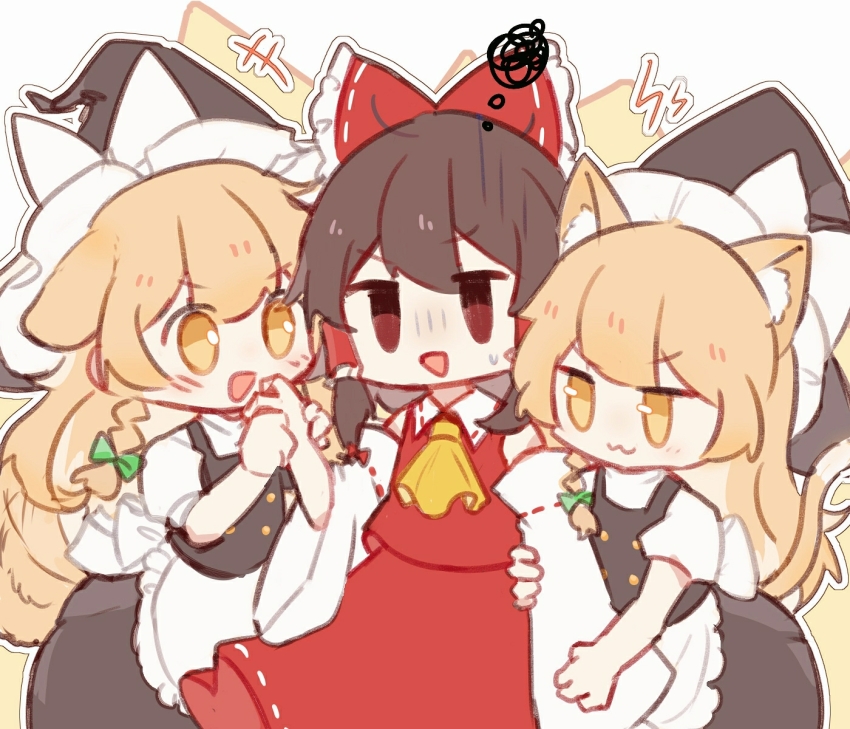 +++ 3girls :3 animal_ear_fluff animal_ears apron arm_hug ascot black_hat black_skirt black_vest blonde_hair bow braid brown_hair cat_ears cat_girl cat_tail chinese_commentary commentary_request detached_sleeves dog_ears dog_girl dog_tail dual_persona frilled_bow frilled_hair_tubes frills green_bow hair_bow hair_tubes hakurei_reimu hand_grab hat hat_bow highres kemonomimi_mode kirisame_marisa long_hair multiple_girls nizi_nnz open_mouth red_bow red_eyes red_skirt ribbon-trimmed_sleeves ribbon_trim side_braid single_braid skirt skirt_set smile squiggle sweatdrop tail tail_wagging touhou vest waist_apron white_apron white_bow witch_hat yellow_ascot yellow_eyes yuri