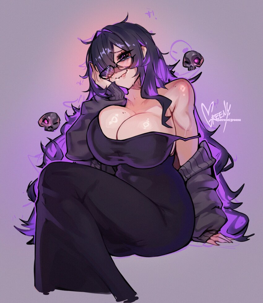 1girl :p absurdres black-framed_eyewear black_dress black_hair breasts cleavage collarbone colored_inner_hair commentary cropped_legs dress english_commentary glasses goddess_of_victory:_nikke greenu hair_over_one_eye hand_on_own_cheek hand_on_own_face hand_up highres label_(nikke) large_breasts long_hair looking_at_viewer mole mole_on_breast multicolored_hair patreon_username purple_hair ring_light_reflection signature single_bare_shoulder sitting skull solo sweater tongue tongue_out two-tone_hair very_long_hair