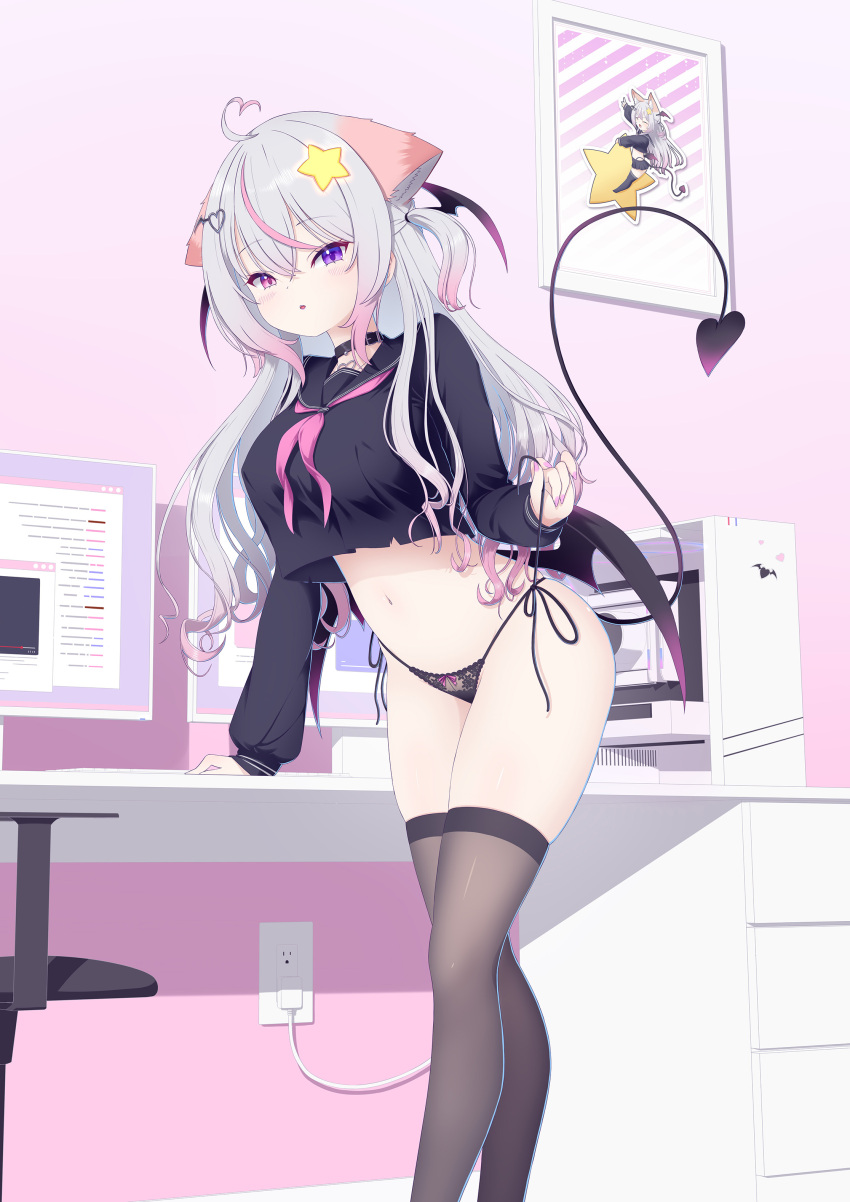 1girl absurdres ahoge animal_ears annytf bat_wings belt_collar black_sailor_collar black_shirt black_thighhighs breasts collar commentary computer cropped_shirt crossed_bangs demon_tail drawer electric_plug electrical_outlet english_commentary feet_out_of_frame fingernails fox_ears gradient_hair grey_hair hair_between_eyes hair_ornament hand_on_table head_wings heart heart_ahoge heart_hair_ornament heterochromia highres indie_virtual_youtuber lace lace-trimmed_panties lace_trim leaning_forward light_blush long_hair low_wings medium_breasts monitor multicolored_hair nail_polish navel neckerchief open_mouth panties picture_frame pink_eyes pink_hair pink_nails pink_neckerchief pink_streaks purple_eyes sailor_collar sailor_shirt sandasutomu see-through_clothes see-through_thighhighs shirt socks star_(symbol) star_hair_ornament stomach streaked_hair string_panties string_pull table tail thighhighs two_side_up underwear virtual_youtuber wings