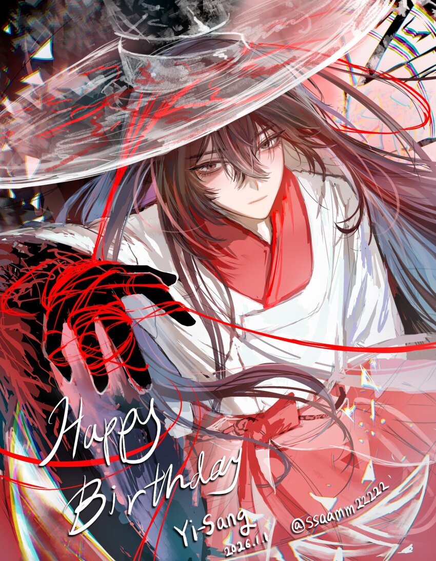 1boy artist_name black_eyes black_skin character_name colored_skin commentary_request crossed_bangs dated e.g.o_(project_moon) gat_(hat) great_trichiliocosm_(e.g.o) hair_between_eyes hanbok happy_birthday hat highres korean_clothes limbus_company long_hair looking_at_viewer male_focus official_alternate_costume official_alternate_hair_length official_alternate_hairstyle project_moon see-through_hat solo ssaamm22222 string string_of_fate very_long_hair white_hanbok yi_sang_(project_moon)