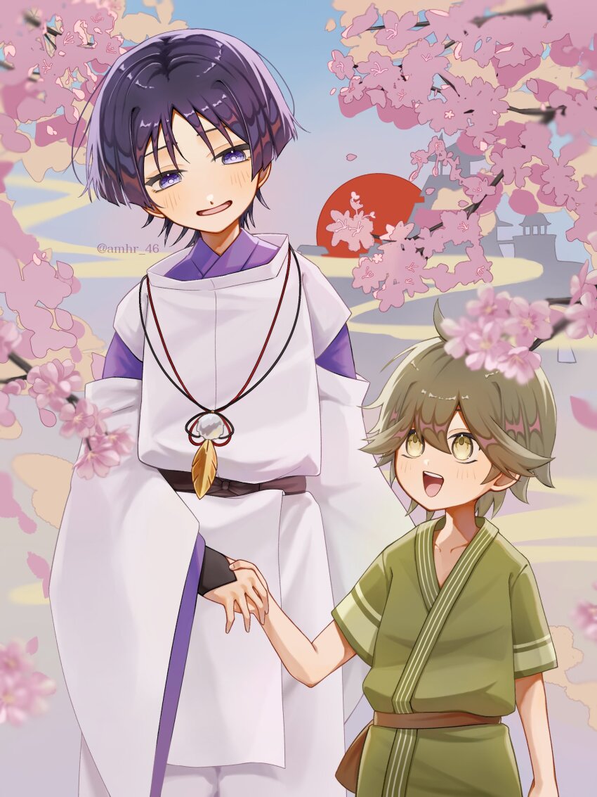 2boys absurdres ahoge amhr_46 arm_at_side black_bow black_sash blue_sky blunt_ends blush bow bright_pupils brown_hair brown_sash cherry_blossoms choppy_bangs clear_sky clothing_cutout commentary_request falling_petals feathers fingernails genshin_impact green_kimono green_sleeves hand_up height_difference highres holding_hands japanese_clothes kariginu kimono layered_sleeves light_blush looking_at_another multiple_boys open_mouth outdoors pants pelvic_curtain petals pink_petals pom_pom_(clothes) purple_eyes purple_hair purple_kimono purple_sleeves red_sun sash scaramouche's_sickly_friend_(genshin_impact) scaramouche_(genshin_impact) scaramouche_(kabukimono)_(genshin_impact) short_sleeves shoulder_cutout sky skyline string tareme teeth twitter_username upper_teeth_only white_pants white_pupils white_sleeves wide_sleeves yellow_eyes yellow_feathers