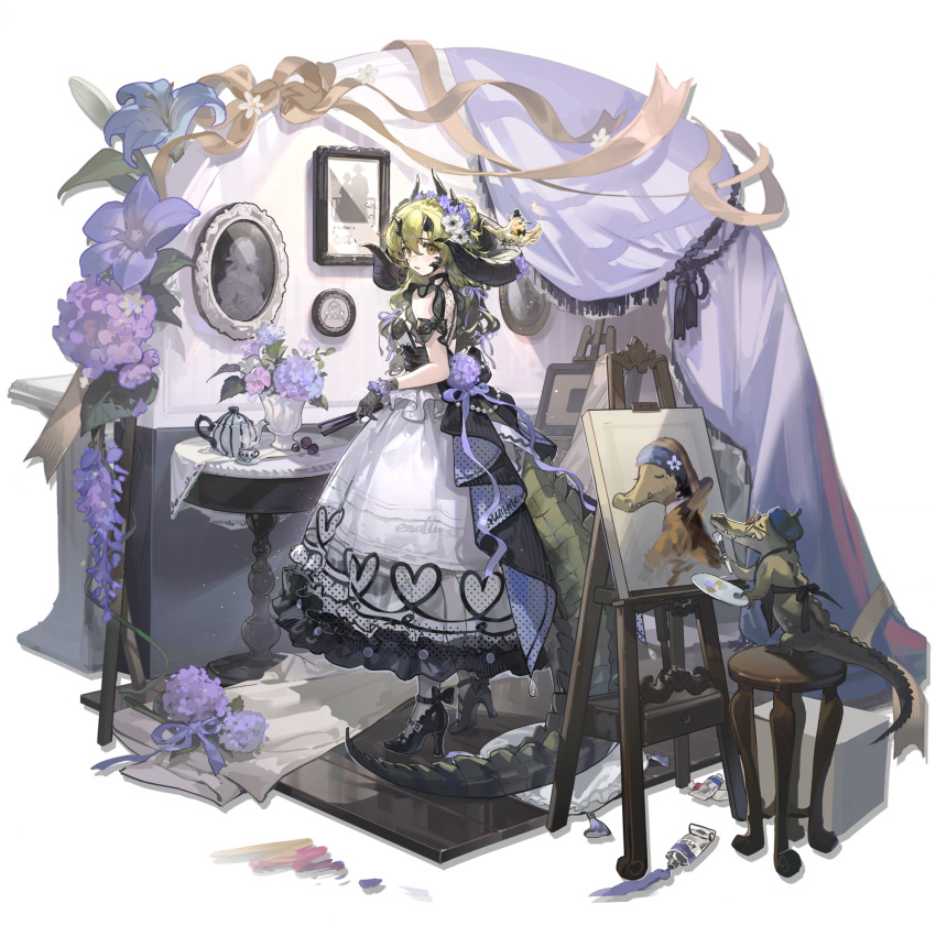 1girl apron arknights back back_ribbon beret black_apron black_bow black_dress black_gloves black_shoes blue_headband blush bow braid breasts bun_with_braided_base canvas_(object) crocodile crocodile_girl crocodilian crocodilian_tail cup curtains curved_horns dress english_text estelle_(arknights) estelle_(la_valse_couronnee_de_fleurs)_(arknights) flower food footwear_bow frilled_dress frilled_skirt frilled_wristband frills fruit full_body gem girl_with_a_pearl_earring glasses glint gloves gothic_lolita grapes green_hair green_tail hair_between_eyes hair_flower hair_ornament hair_ribbon halter_dress halterneck hand_fan hat head_wreath headband heart helmet high_heels highres holding holding_brush holding_fan holding_paint_palette horns huge_horns lace lace_gloves lolita_fashion long_hair looking_at_viewer looking_to_the_side medium_breasts multiple_horns official_alternate_costume official_art open_mouth paint_palette paint_tube painting_(action) painting_(object) pantyhose pearl_(gemstone) pillow purple_flower purple_ribbon ribbon see-through_clothes see-through_skirt shoes shui_di_yu_bu_lei_shao skirt sleeveless sleeveless_dress solo standing steam table tail teacup teapot third-party_source transparent_background vase wavy_hair white_flower white_pantyhose white_skirt wooden_stool wooden_table yellow_eyes
