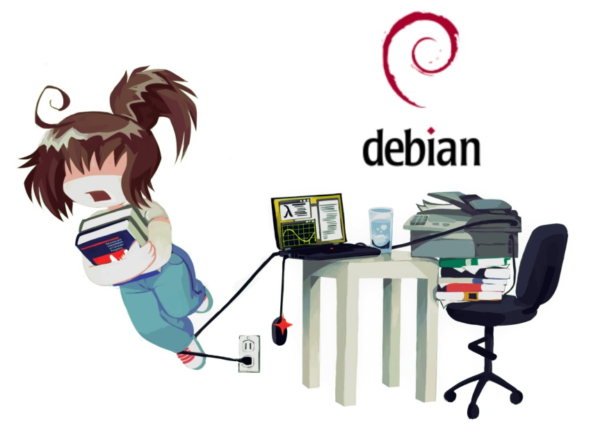 1girl ahoge book brown_hair chair commentary computer computer_mouse cup debian drinking_glass electrical_outlet english_commentary highres lambda_symbol laptop no_eyes no_nose open_mouth ponytail printer roachie_(wildcardroachie) short_sleeves simple_background solo swivel_chair table white_background