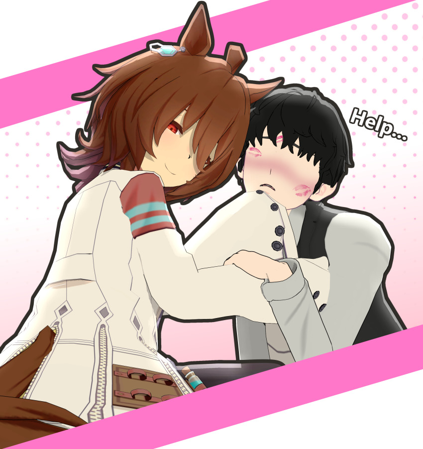 1boy 1girl 3d abstract_background agnes_tachyon_(tach-nology)_(umamusume) agnes_tachyon_(umamusume) ahoge animal_ears artist_request black_hair blush brown_hair faceless faceless_male grabbing_another&#039;s_chin hand_on_another&#039;s_chin hickey horse_ears horse_girl horse_tail lipstick_mark looking_at_viewer looking_back red_eyes short_hair smirk tail text_focus trainer_(umamusume) umamusume