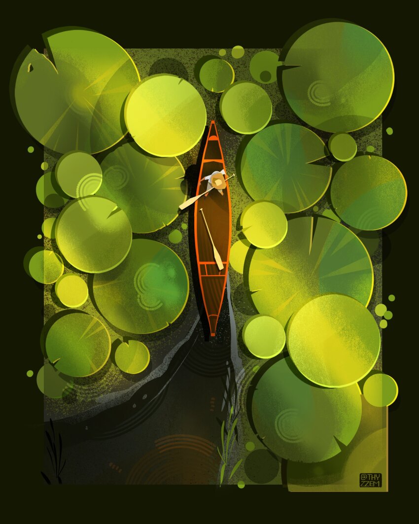 1other absurdres artist_logo black_border boat border commentary from_above hat highres lily_pad logo original puddle solo straw_hat thyzzem too_many water watercraft