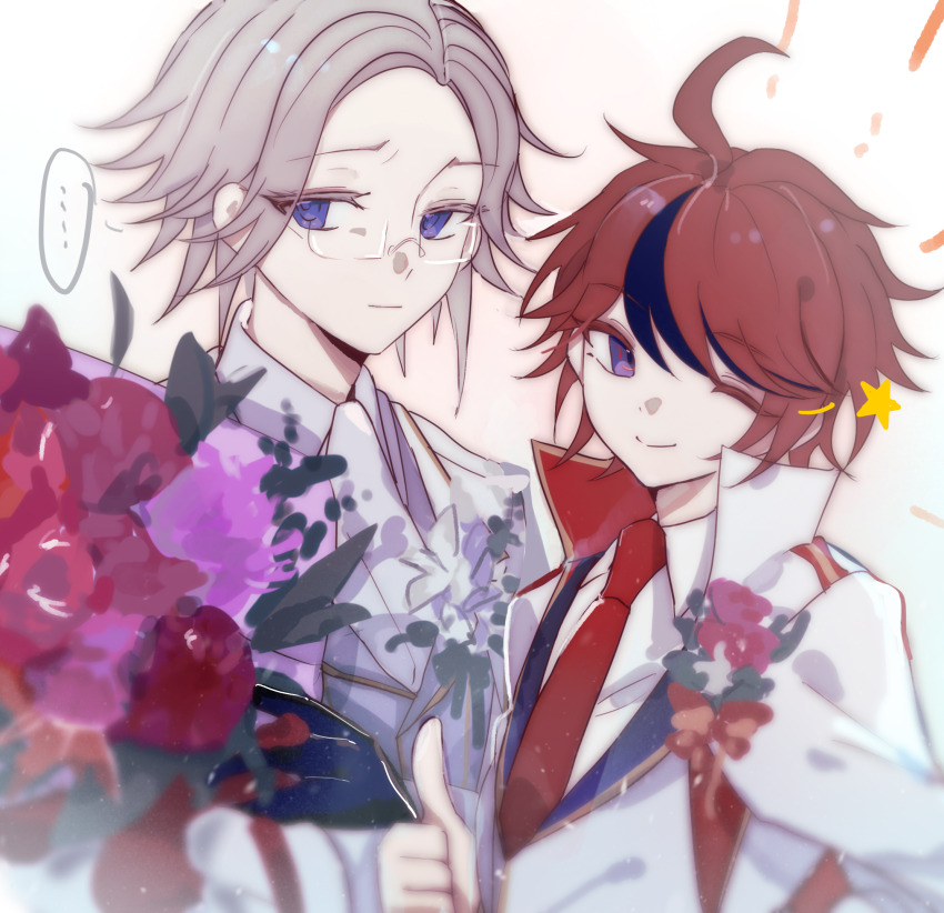 ... 2boys ;) ahoge aotsuki_eito ascot black_gloves black_hair bouquet chinese_commentary closed_mouth collared_shirt colored_eyelashes commentary_request eyes_visible_through_hair flower glasses gloves grey_hair grey_vest highres jacket lapels male_focus multicolored_hair multiple_boys necktie official_alternate_costume one_eye_closed purple_eyes rectangular_eyewear red_flower red_hair red_necktie shirt short_hair smile speech_bubble spoken_ellipsis star_(symbol) streaked_hair sumino_takumi tareme the_hundred_line_-last_defense_academy- thumbs_up two-tone_hair vest white_ascot white_jacket white_shirt zishi-ul
