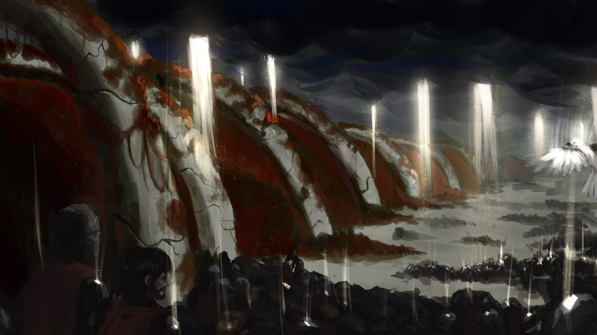 6+others absurdres armor army bird cape cloud commentary dark_cloud english_commentary gloxartx helmet highres light_rays multiple_others outdoors oversized_object people puddle rain red_cape ribs shadow_slave storm