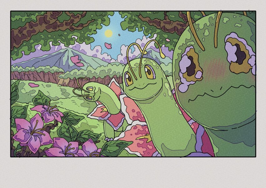 antennae blue_sky closed_mouth cloud commentary flower gen_2_pokemon highres leaf long_neck looking_at_viewer meganium nintendo no_humans onamuzi_illust pokemon pokemon_(creature) pokemon_focus sauropod sky smile sun tearing_up tree yellow_eyes