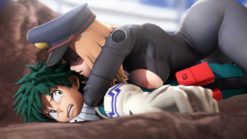 1boy 1girl 3d black_bodysuit blonde_hair bodysuit boku_no_hero_academia breast_press breasts breasts_out brown_hair elbow_gloves femdom freckles gloves greatm8 green_eyes green_hair hat highres imminent_penetration looking_at_another lying medium_hair midoriya_izuku nipples on_floor on_stomach short_hair utsushimi_kemii you_gonna_get_raped