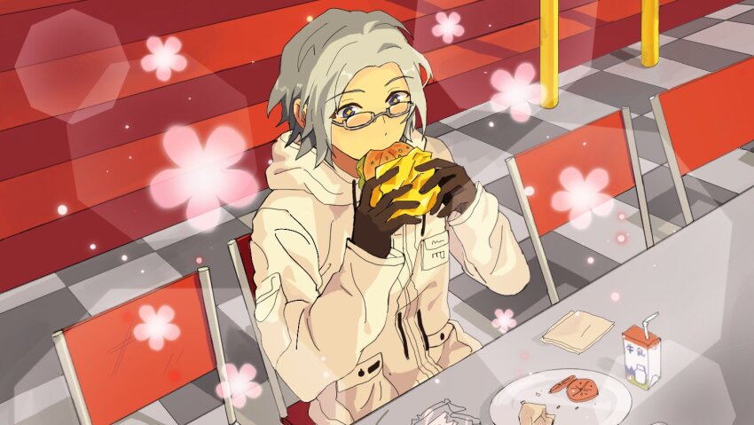 +_+ 1boy aotsuki_eito black_gloves blue_eyes breast_pocket burger chair commentary commission drink_carton eating english_commentary ensemble_stars! food glasses gloves grey_hair holding holding_burger holding_food indoors jacket light_particles looking_at_food male_focus milk_carton napkin on_chair parody plate pocket short_hair siegmvnd sitting solo style_parody table the_hundred_line_-last_defense_academy- white_jacket
