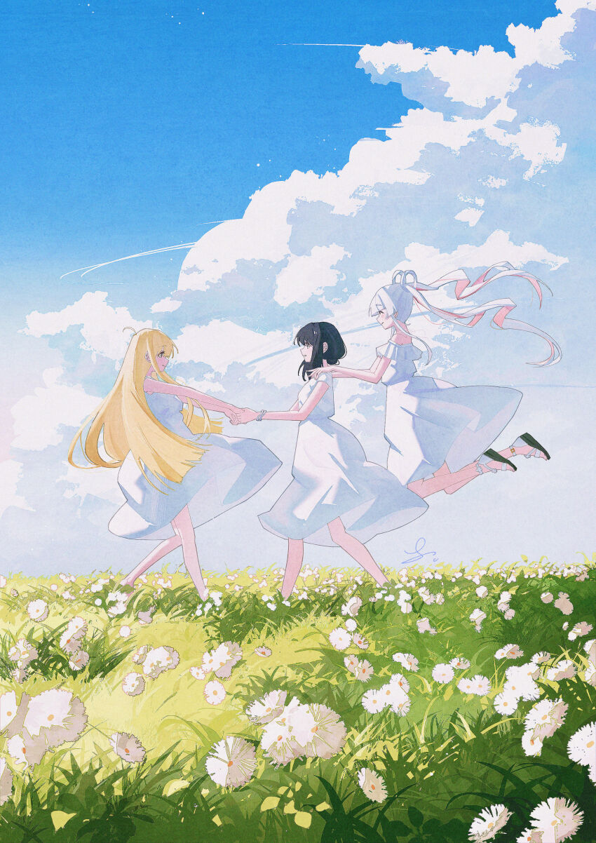 3girls ^_^ absurdres alternate_costume artist_name black_hair blonde_hair blue_sky blunt_bangs blush bracelet cho_kaguya-hime! closed_eyes cloud cloudy_sky colored_inner_hair colored_shoe_soles commentary day dress field floating flower flower_field from_side hands_on_another's_shoulders highres holding_hands jewelry kaguya_(cho_kaguya-hime!) long_hair multicolored_hair multiple_girls outdoors pink_hair puyuyan runami_yachiyo sakayori_iroha sandals signature sky smile twintails very_long_hair white_dress white_flower white_hair white_sandals yuri