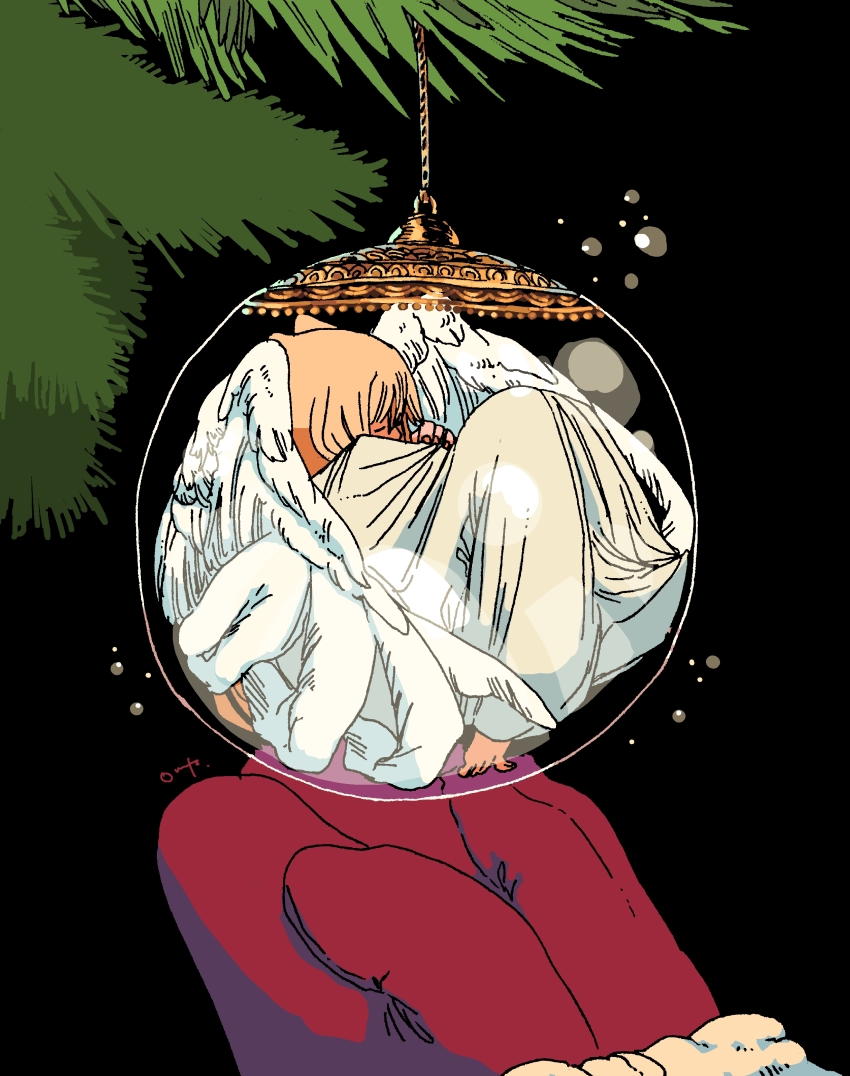 1girl 1other absurdres angel_wings blonde_hair christmas christmas_tree commentary_request curled_up decorations dress highres in_container mini_person minigirl mittens omitasi original red_mittens solo_focus wings