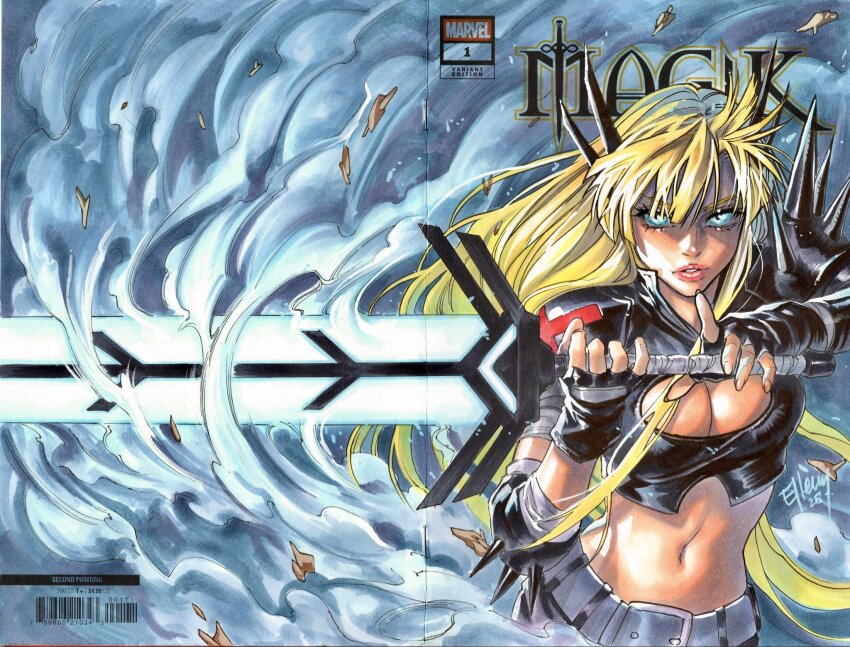 1girl armor art_of_ellery barcode black_gloves black_shorts blonde_hair blue_eyes blunt_bangs breasts character_name cleavage cleavage_cutout clothing_cutout commentary copyright_logo copyright_name cover_sketch crop_top elbow_pads fingerless_gloves gloves glowing glowing_sword glowing_weapon hashtag-only_commentary highres holding holding_sword holding_weapon huge_weapon logo long_hair looking_at_viewer looking_to_the_side magik_(x-men) marvel midriff navel new_mutants parted_lips pauldrons shorts shoulder_armor smoke solo spiked_pauldrons spikes sword traditional_media weapon x-men