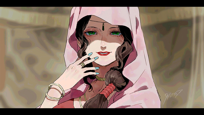 1girl 91007 aimee blue_eyes brown_hair cloak commentary_request fingernails fire_emblem fire_emblem:_path_of_radiance hood hood_up hooded_cloak long_hair nail_polish nintendo smile solo