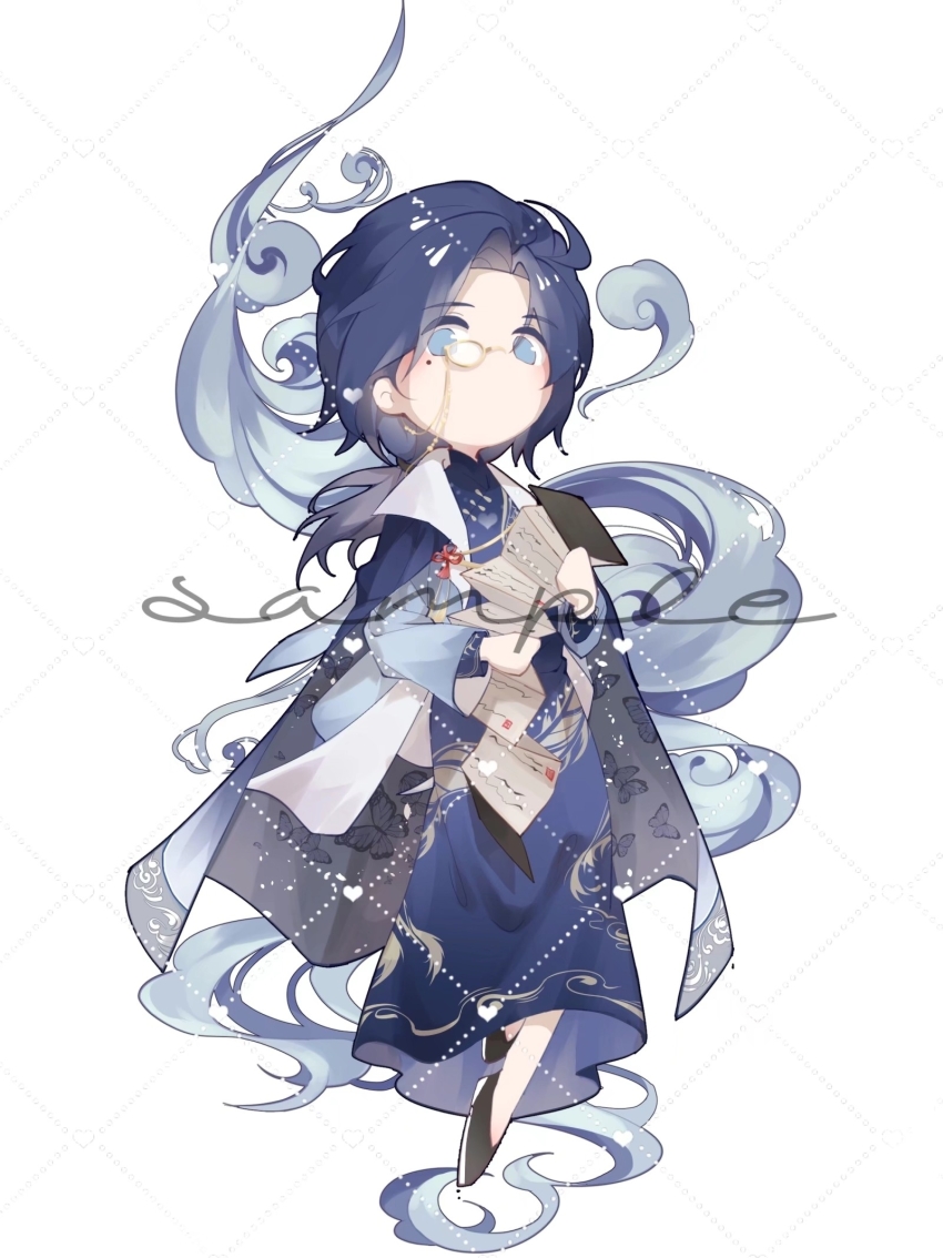 1boy animal_print black_cape black_shoes blue_eyes blue_hair blue_robe book butterfly_print cape changpao chinese_clothes chinese_commentary clarence_clayden commentary_request curtained_hair deformed flats full_body highres holding holding_book holding_scroll long_hair long_sleeves looking_at_viewer lovebrush_chronicles low_ponytail male_focus mole mole_under_eye monocle no_mouth official_alternate_costume parted_bangs ponytail print_cape robe sample_watermark scroll shoes simple_background solo sweater_guard wangulongdong water watermark watermark_grid white_background