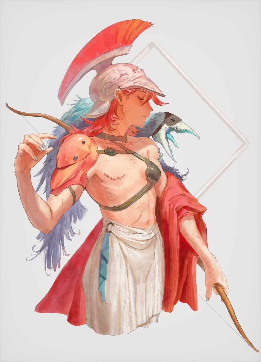 1girl absurdres amazon_warrior androgynous animal animal_on_shoulder armor bird blue_nails bow_(weapon) breasts closed_eyes closed_mouth emuta_sigma facial_scar fantasy female_focus helmet highres holding holding_bow_(weapon) holding_weapon mastectomy_scar mullet navel original red_hair scar scar_on_cheek scar_on_chest scar_on_face shoulder_armor single_strap skirt small_breasts solo stitches warrior weapon white_background