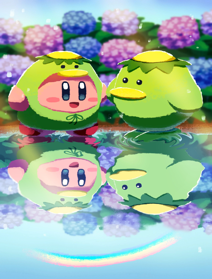 :d aruco_co blue_eyes blue_flower blush_stickers commentary_request day flower highres hydrangea kapar_(kirby) kappa kirby kirby_(series) nintendo no_humans open_mouth outdoors pink_flower rainbow reflection reflective_liquid smile water
