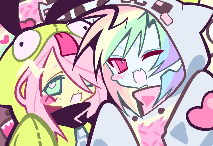 2girls :3 :d alternate_costume animal_ears animal_hood antonymph aqua_eyes blue_skin blush_stickers cameo cat_hood colored_skin commentary cosplay crybabybuno domo-kun english_commentary fake_animal_ears fang fluttershy fluttershy_(equestria_girls) gir_(dog_costume)_(invader_zim) gir_(invader_zim) gir_(invader_zim)_(cosplay) green_hoodie grey_hoodie hair_over_one_eye heart highres hood hood_up hoodie invader_zim lol_comics long_hair looking_at_viewer multicolored_hair multiple_girls my_little_pony my_little_pony:_equestria_girls my_little_pony:_friendship_is_magic nyan_cat nyan_cat_(cosplay) one_eye_closed open_mouth personification pink_eyes pink_hair rainbow_dash rainbow_dash_(equestria_girls) rainbow_hair scene_cut scene_fashion single_blush_sticker skin_fang skull smile swept_bangs vylet_pony yellow_skin zipper