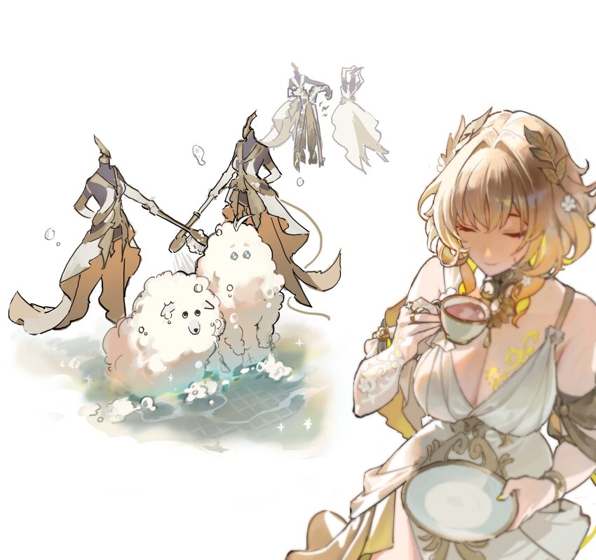 absurdres aglaea_(honkai:_star_rail) animal blonde_hair breasts cleavage closed_eyes cup dog dress garmentmaker_(honkai:_star_rail) head_wreath highres holding holding_cup holding_plate honkai:_star_rail honkai_(series) large_breasts medium_hair phainon_(honkai:_star_rail) plate saber_beam simple_background sleeveless sleeveless_dress soap_bubbles teacup white_background white_dress