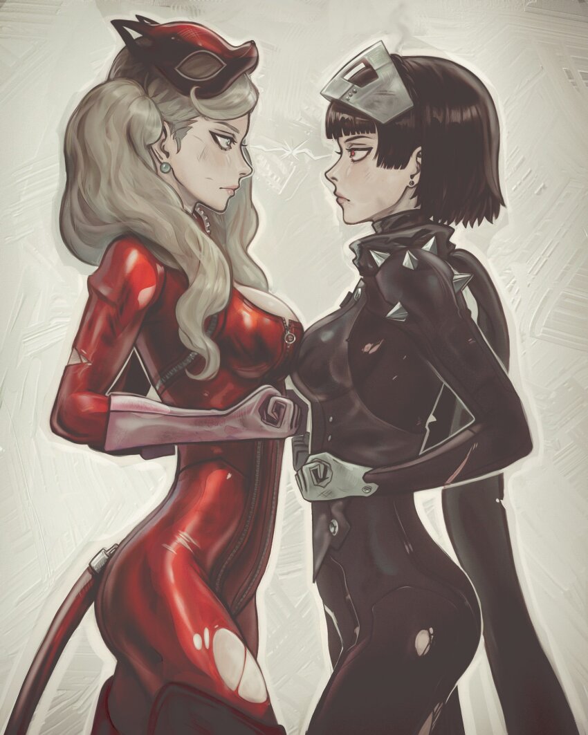 2girls akiman_pose annoyed ass biker_clothes black_scarf blonde_hair blue_bodysuit blue_eyes blunt_bangs bodysuit braid breast_contest breast_on_breast breast_press breasts brown_hair capcom_vs._snk cat_mask catsuit chapinor crown_braid earrings from_side full-length_zipper gloves grey_mask highres jewelry latex latex_bodysuit long_hair long_scarf looking_at_another mask mask_on_head medium_breasts metal_mask multiple_girls niijima_makoto panther_(persona_5) persona persona_5 pink_gloves queen_(persona_5) red_bodysuit red_eyes red_mask revision rivalry scarf short_hair shoulder_spikes simple_background spiked_knuckles spikes symmetrical_docking tail takamaki_anne twintails white_gloves zipper