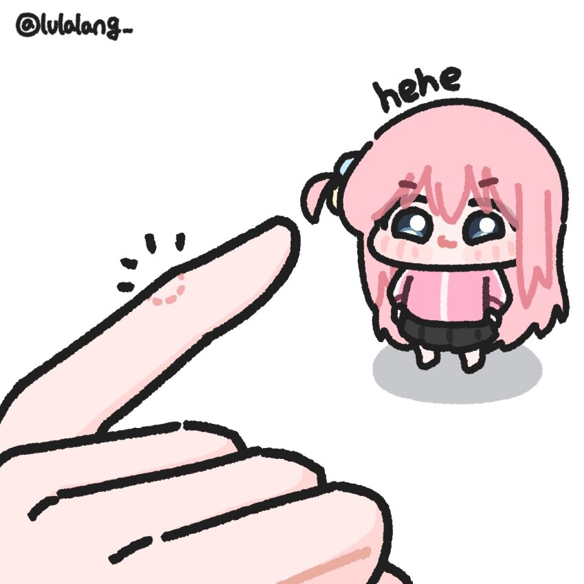 1girl 1other bite_mark bite_mark_on_hand blue_eyes bocchi_the_rock! chibi closed_mouth commentary english_commentary gotoh_hitori highres jacket long_hair looking_at_viewer lulalang one_side_up pink_hair pink_jacket pov pov_hands simple_background smile smug standing white_background